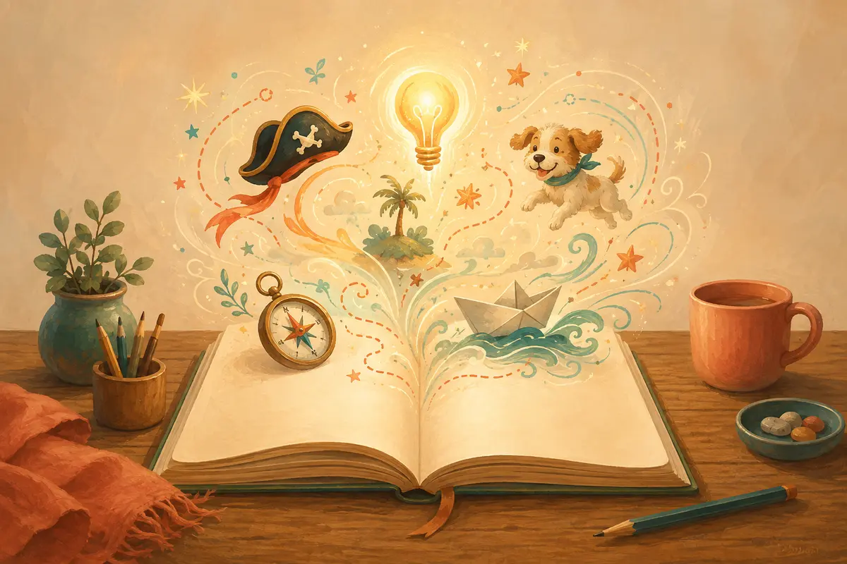 Story ideas rising from an open notebook