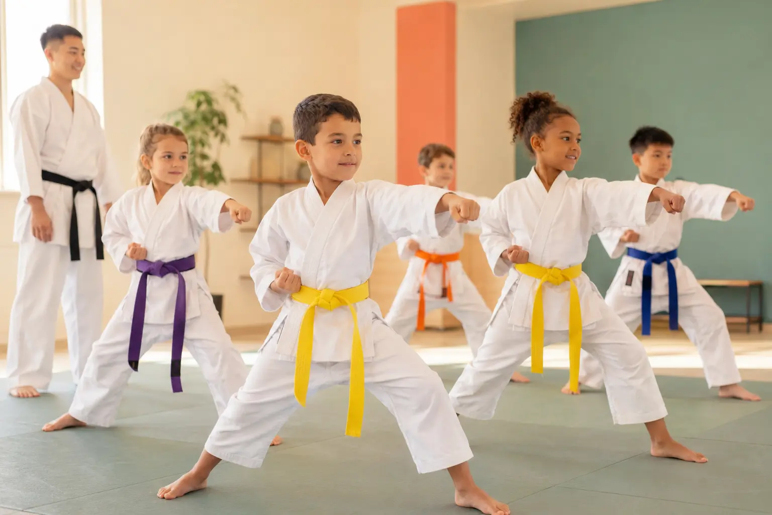 Children ages six to ten practicing martial arts in a supervised class